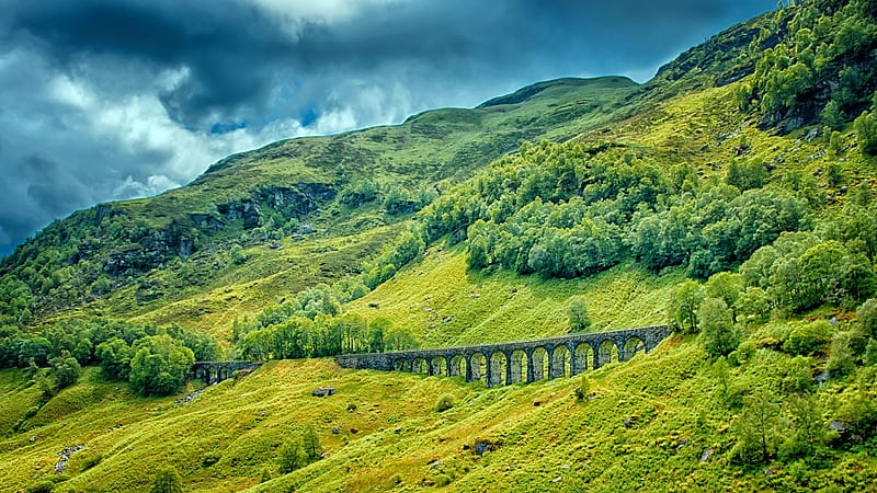 Railway Bridge in Grassy Mountain Landscape, Mountains, Landscapes, Grass, Bridges, Railway, Nature, HD wallpaper