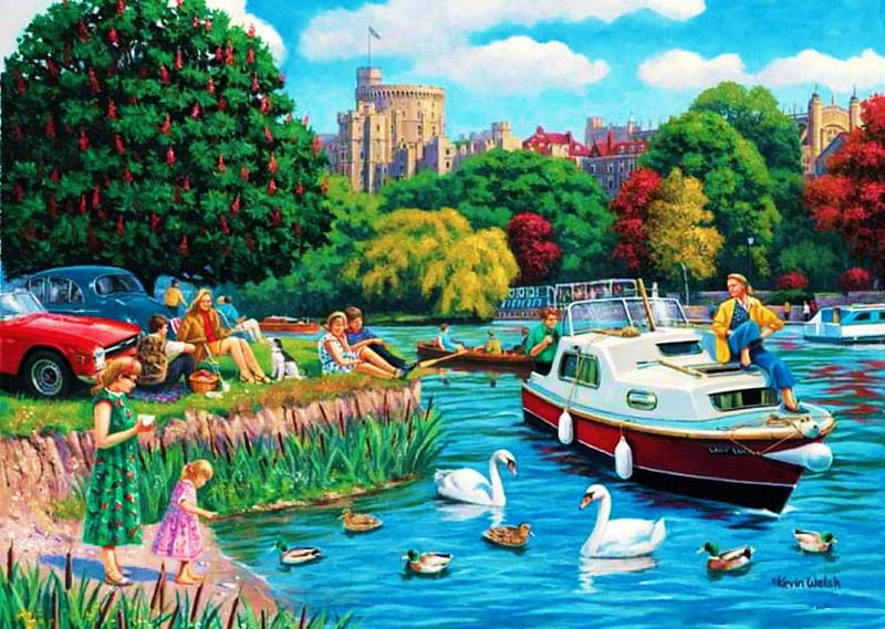 Happy Days Windsor, ducks, trees, lake, artwork, swans, boat, people, car, nature, castle, HD wallpaper