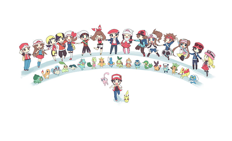 Pokémon, Red (Pokémon), Elio (Pokémon), Calem (Pokémon), Torchic (Pokemon), Turtwig (Pokémon), Froakie (Pokémon), Chimchar (Pokémon), Snivy (Pokemon), Starter Pokemon, Chibi, Treecko (Pokémon), Squirtle (Pokémon), Serena (Pokémon), Kris (Pokémon), Lyra (Pokemon), Nate (Pokémon), Pikachu, Rosa (Pokemon), Bulbasaur (Pokémon), Charmander (Pokémon), Oshawott (Pokémon), Piplup (Pokémon), May (Pokémon), Leaf (Pokémon), Hilda (Pokémon), Hilbert (Pokemon), Brendan (Pokemon), Dawn (Pokémon), Lucas (Pokemon), Mew (Pokémon), Ethan (Pokemon), HD wallpaper