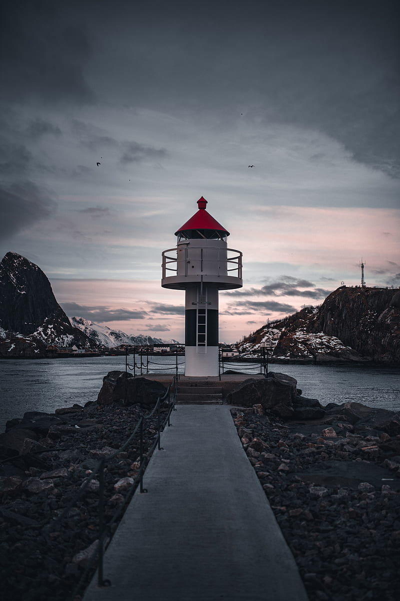 lighthouse, building, sea, road, rocks, HD phone wallpaper