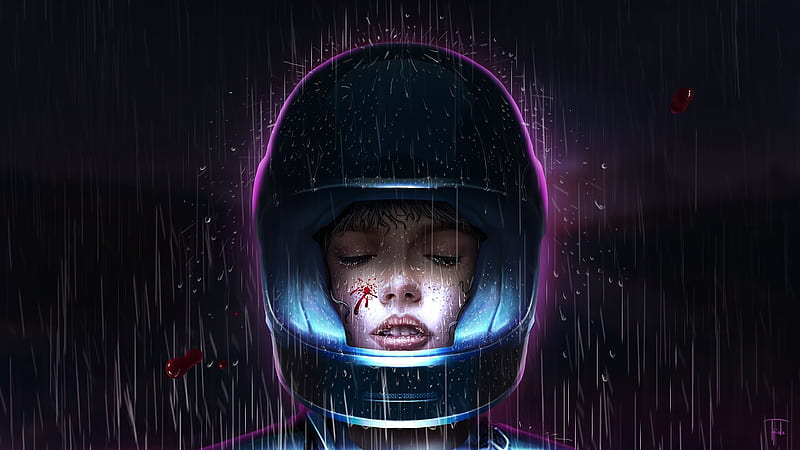 Girl With Helmet In Rain Retro Art, HD wallpaper