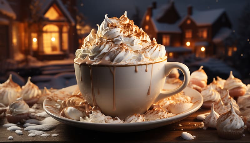 Cup of hot chocolate, Cup, Marshmallows, Cream, Table, Cocoa, HD wallpaper