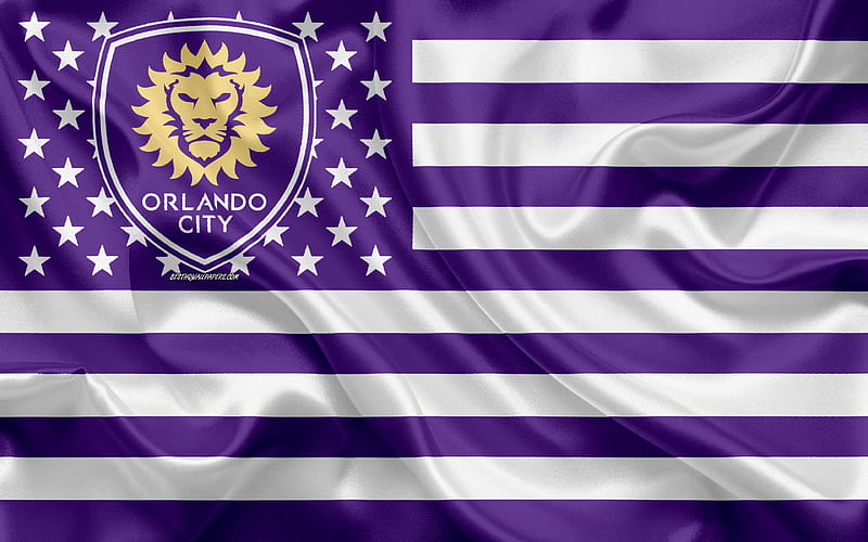 Orlando City SC, American soccer club, American flag, purple white flag, MLS, Orlando, Florida, USA, logo, emblem, Major League Soccer, silk flag, soccer, football, HD wallpaper