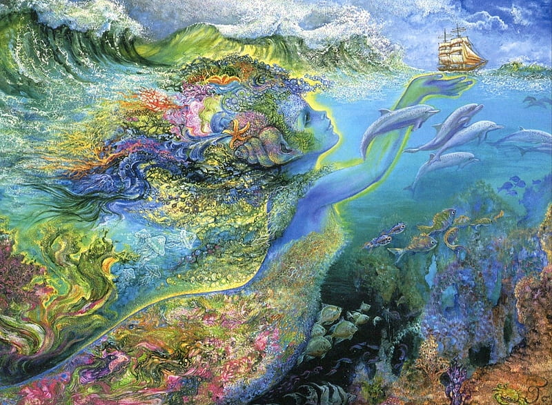 Mermaid, pictura, art, underwater, fish, peste, josephine wall, vara, girl, painting, summer, blue, HD wallpaper