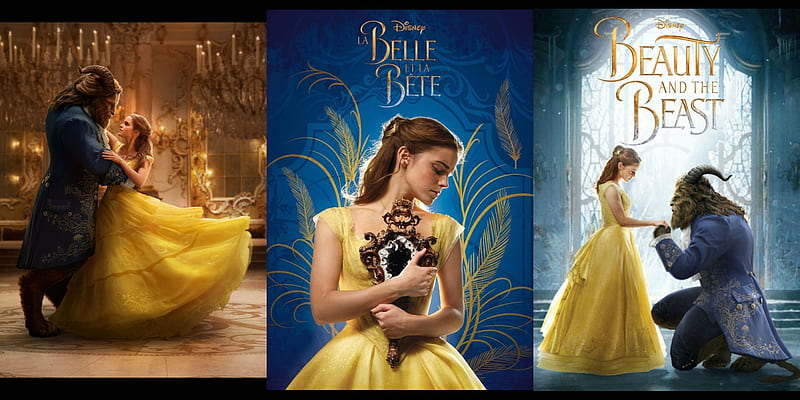 Beauty and the Beast 2017, beauty and the beast, movie, belle, yellow, collage, Emma Watson, fantasy, dance, disney, HD wallpaper