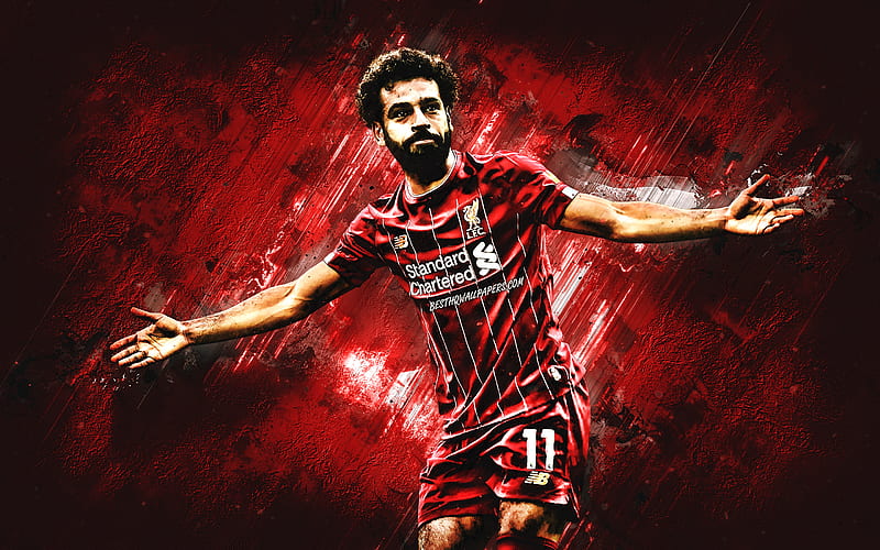 Mohamed Salah, Liverpool FC, Egyptian footballer, Premier League, England, football, portrait, creative art, red stone background, Salah Liverpool, HD wallpaper