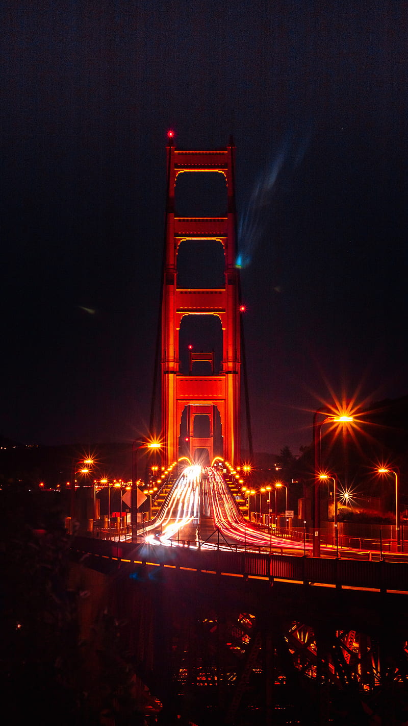 bridge, road, night, dark, lights, HD phone wallpaper