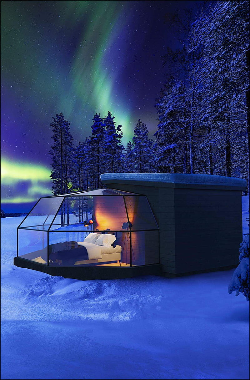Aurora house, aurora, borealis, cabin, house, luxury, nature, night, winter, HD phone wallpaper