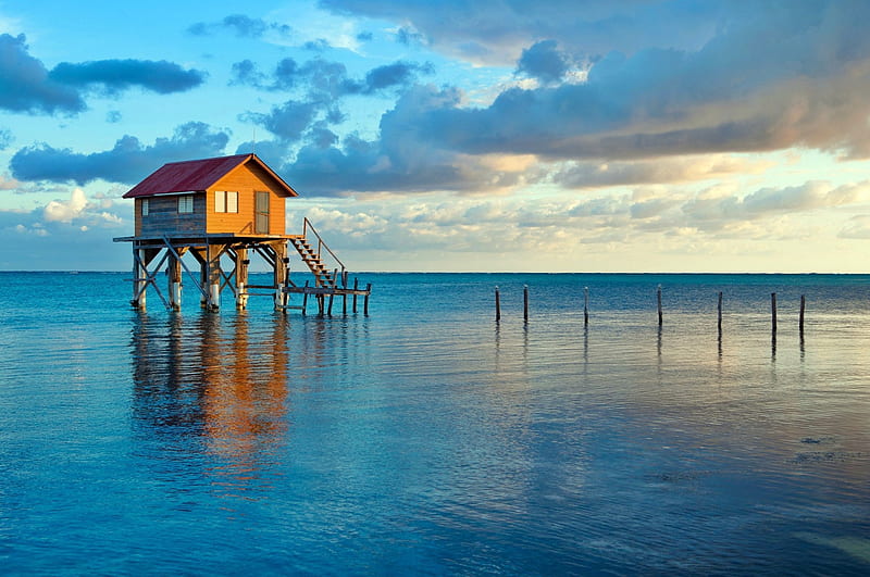Ambergris Caye, Belize, hut, blue water, wet sand, bonito, sunrise, clouds, Caribbean, sea, HD wallpaper