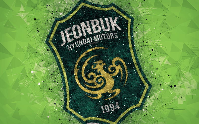 Jeonbuk Hyundai Motors FC logo, geometric art, emblem, green abstract background, South Korean professional football club, K League 1, Jeonju, South Korea, football, creative art, HD wallpaper