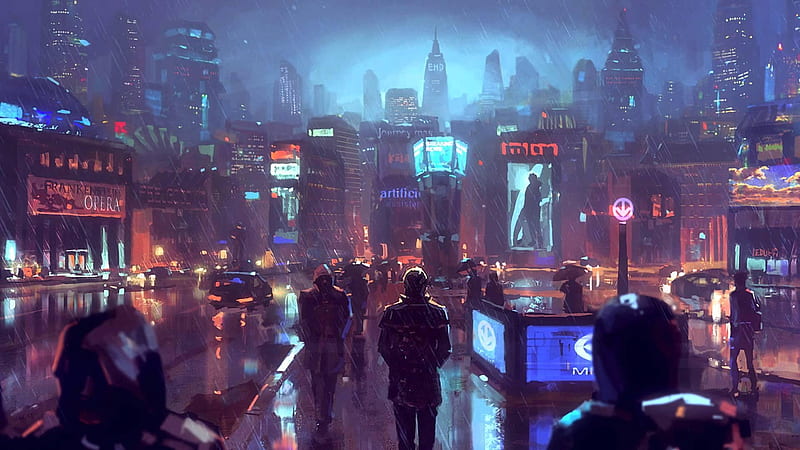 cyberpunk city, sci-fi, raining, people, skyscrapers, Fantasy, HD wallpaper