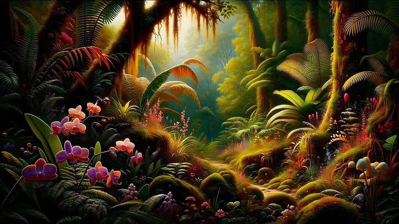 Enchanted Rainforest, novenyek, ut, viragok, szines, elvarazsolt, esoerdo, napfeny, elenk szinek, fak, HD wallpaper
