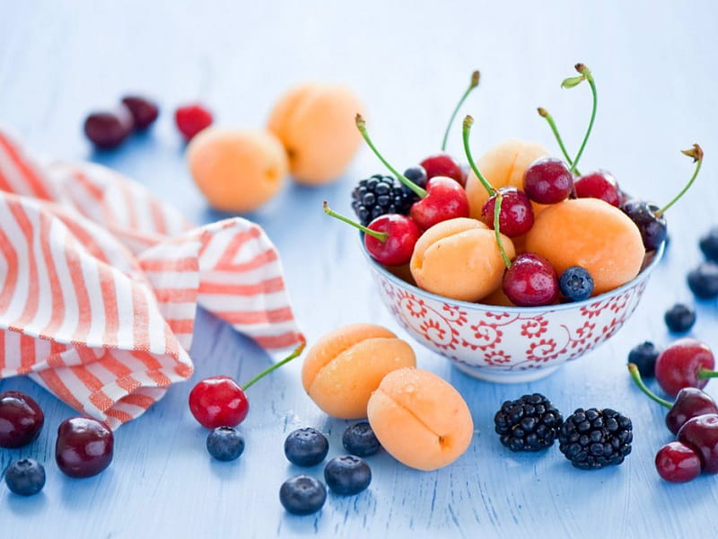 Fruits, food, blueberry, apricot, cherries, bowl, HD wallpaper
