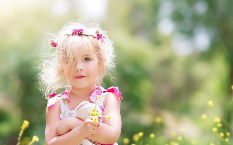 Little girl, little, yellow, sweet, cute, girl, green, summer, flower, child, pink, HD wallpaper