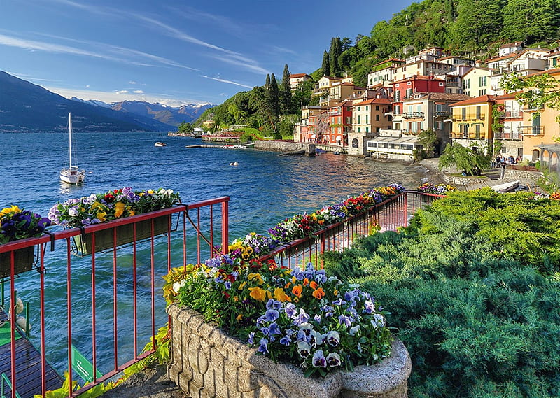 Lake Como, Italy, water, mountains, flowers, village, nature, spring, HD wallpaper