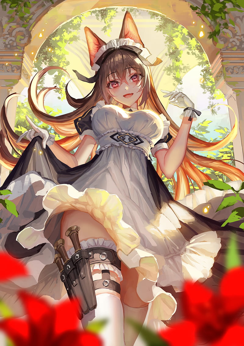 anime girls, anime, original characters, cat girl, nekomimi, cat ears, animal ears, brunette, long hair, bangs, looking at viewer, smiling, fangs, gloves, maid, maid outfit, dress, thigh strap, knife, stockings, white stockings, flowers, bokeh, low-angle, artwork, 2D, illustration, drawing, digital art, Mai Okuma, frontal view, HD phone wallpaper