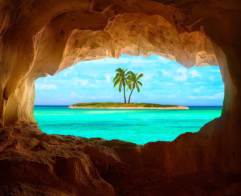 Summer View, ocean, Turks and Caicos, turquoise water, bonito, cave, palm trees, beach, paradise, island, tropical, HD wallpaper