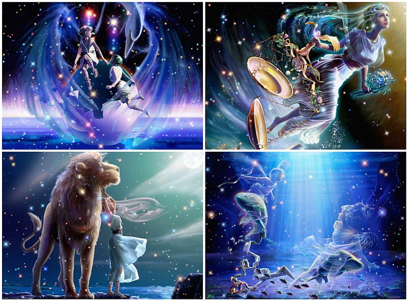 Zodiac 2, stars, libra, leo, sign, collage, fantasy, gemini, horoscope, pisces, HD wallpaper