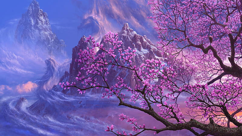 Spring Mountain Sakura, spring, clouds, cherry blossoms, tree, purple, mountains, magical, pink, Firefox Persona theme, HD wallpaper