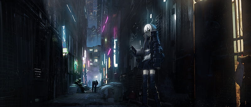 anime dark city, skyscrapers, back streets, girl, people, neon lights, Anime, HD wallpaper