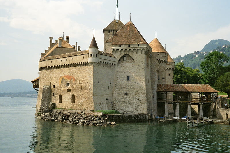 Castle of Chillon, Switzerland, walls, towers, castle, sky, roods, lake, HD wallpaper