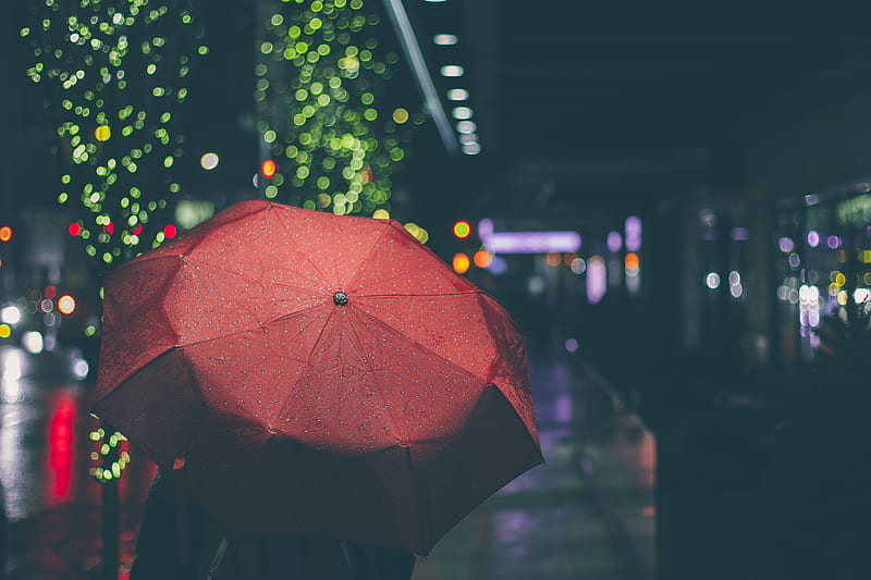 person with red umbrella walking on street during nighttime, HD wallpaper