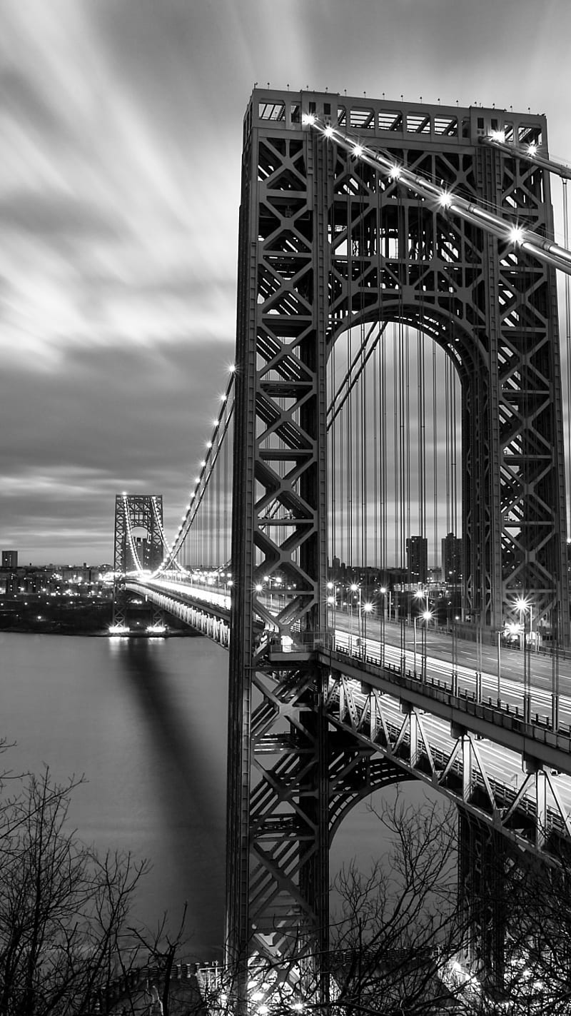 Bridge, new, black, white, black and white, night, new york, city, bridges, puente, HD phone wallpaper