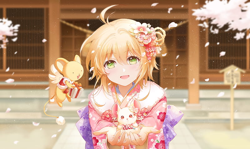kinomoto sakura, card captor sakura, blonde, kimono, sakura blossom, smiling, Anime, HD wallpaper