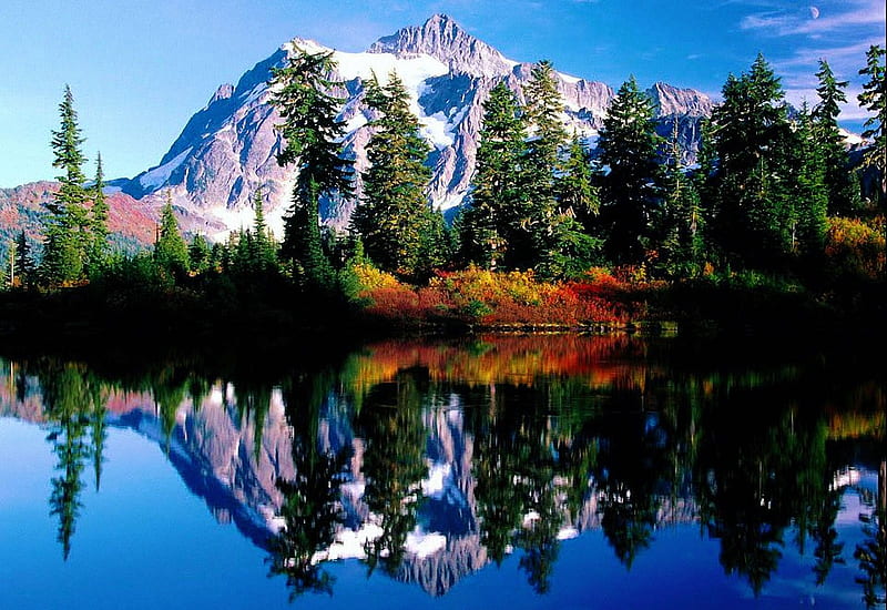 Alaska, water, reflection, lake, mountains, late summer, trees, HD wallpaper