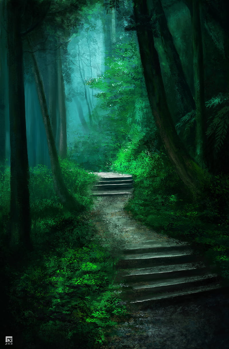 stairs, steps, bushes, paint, canvas, HD phone wallpaper