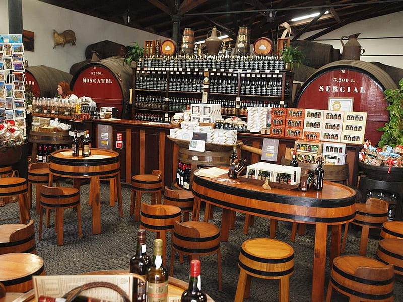 Wine Tasting In Portugal., table, wine, stools, cask, HD wallpaper