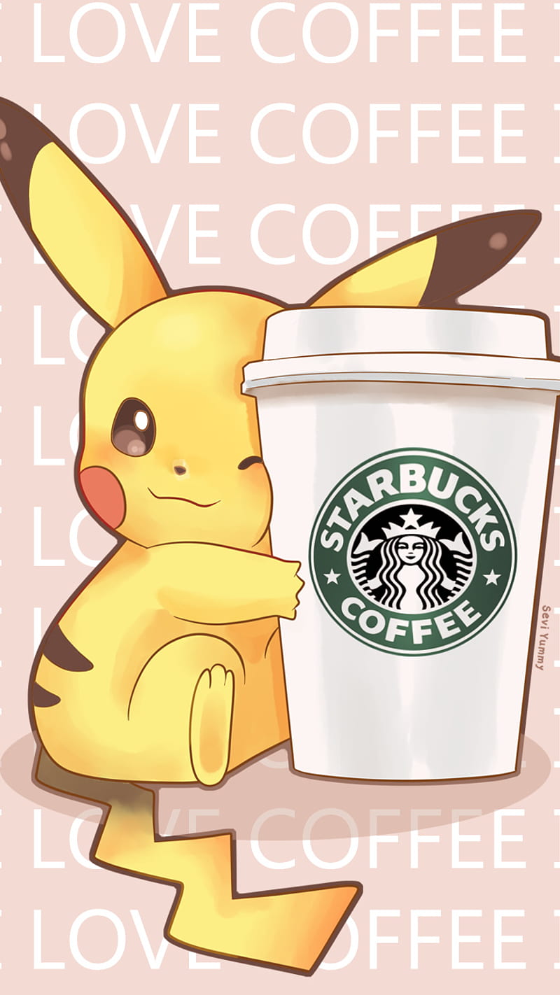 PikaKawaii, coffee, cute, electric rat, give me, help, kawaii, love coffee, now, pikachu, starbucks, HD phone wallpaper