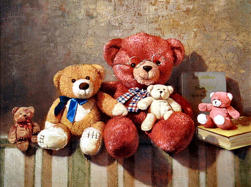 Little Family of Teddy Bears FC, art, bonito, illustration, artwork, teddy bears, still life, stuffed animals, painting, toys, HD wallpaper