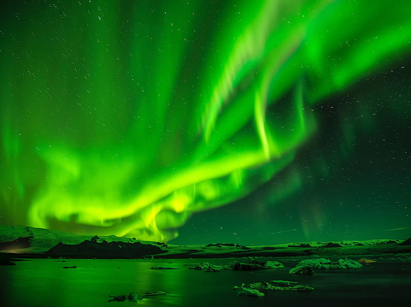 Green Northern Lights, Night Sky Ultra, Nature, Sun & Sky, Landscape, Scenery, Aurora, Norway, Iceland, northernlights, polarlights, greenlights, HD wallpaper