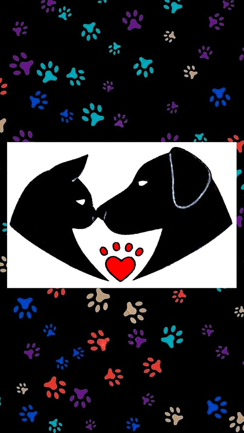 Pets and Paws art, animals, cat, desenho, dog, heart paw, kiss, love, patterns, paw prints, touching noses, HD phone wallpaper