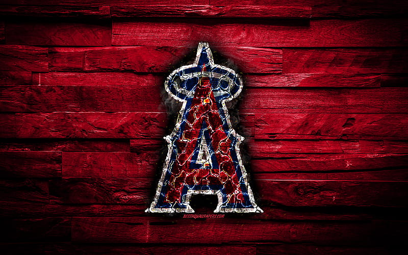 Los Angeles Angels scorched logo, MLB, red wooden background, american baseball team, LA Angels, grunge, baseball, Los Angeles Angels logo, fire texture, USA, HD wallpaper