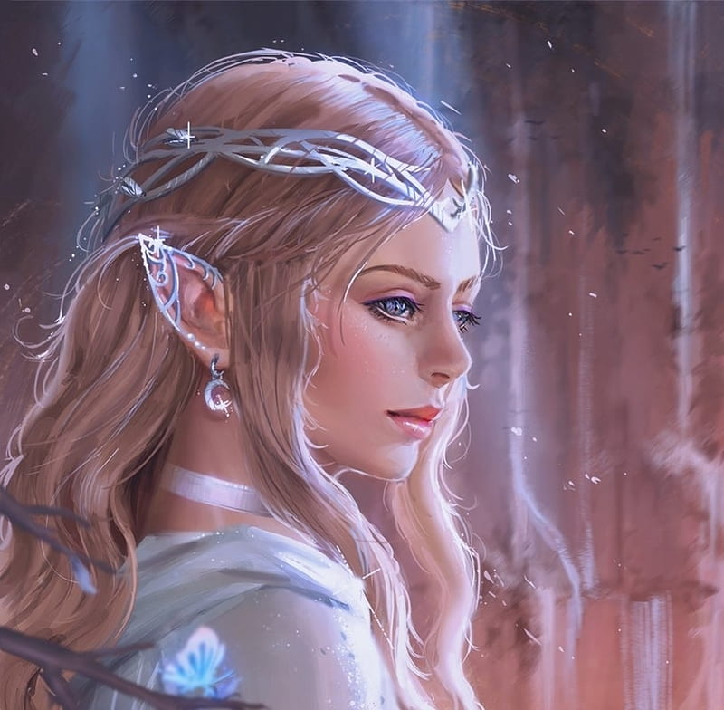 Galadriel, art, elf, queen, a1ayne, fantasy, girl, lotr, pink, blue, HD wallpaper