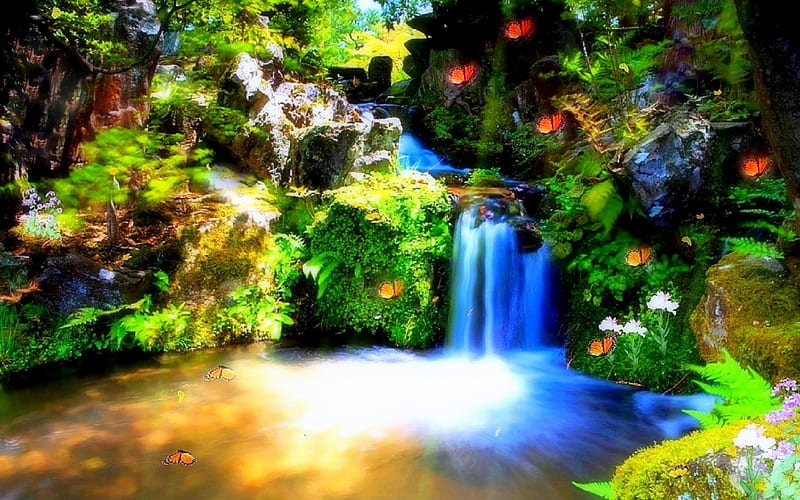 -Splendid Waterfall-, getaways, splendid, panoramic view, attractions in dreams, bonito, most ed, graphy, landscapes, flowers, forests, scenery, butterfly designs, animals, love four seasons, places, creative pre-made, butterflies, trees, waterfalls, paradise, plants, nature, HD wallpaper