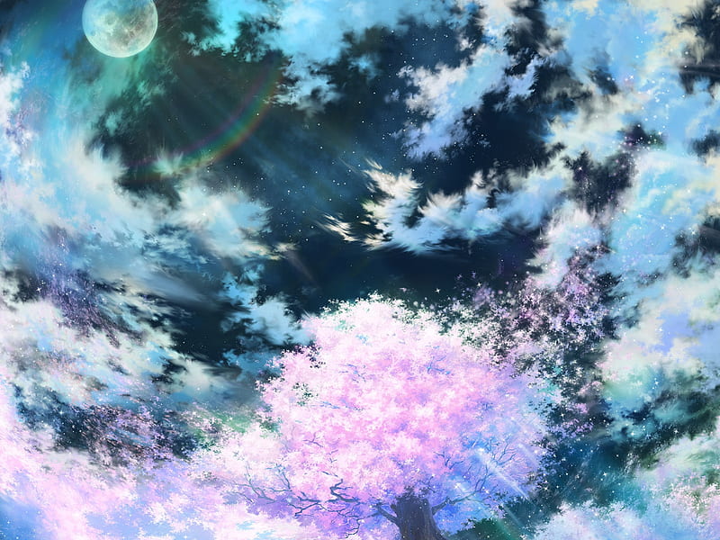 anime landscape, sakura blossom, clouds, sky, scenic, Anime, HD wallpaper