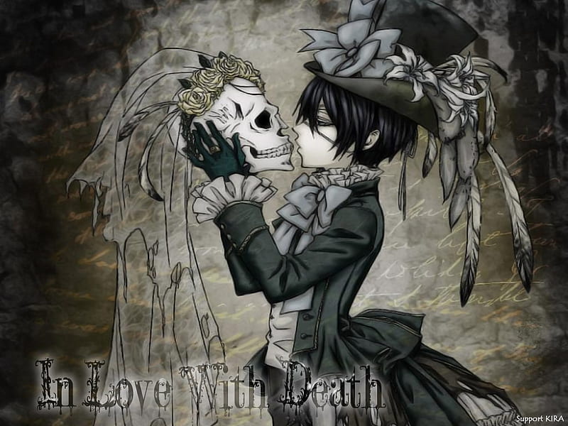 In Love With Death, death, phantomhive, goth, kuroshitsuji, anime, grim, ciel, shakespeare, skull, HD wallpaper