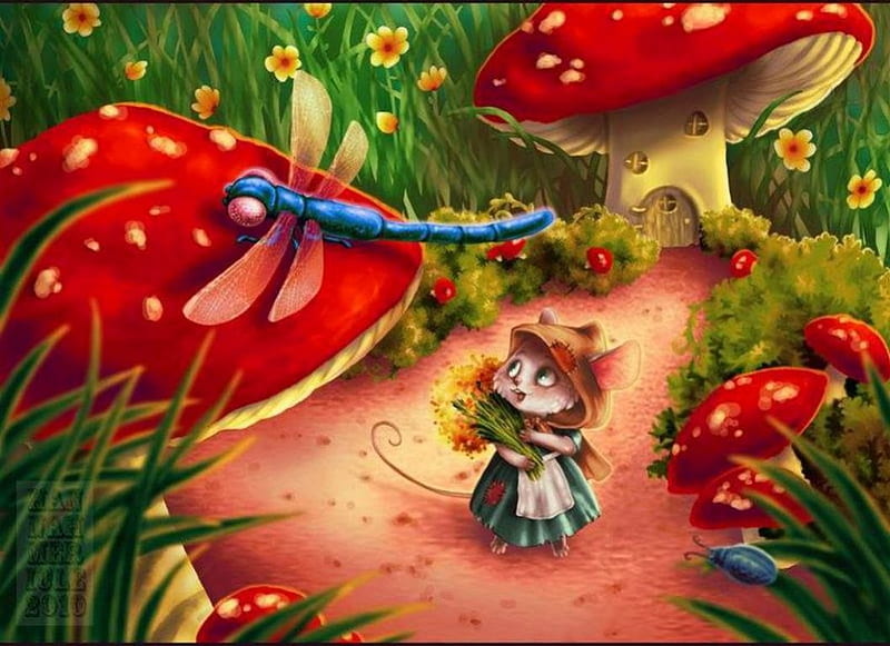 Fairyland, dragonfly, insect, mouse, mushroom house mushrooms, HD wallpaper