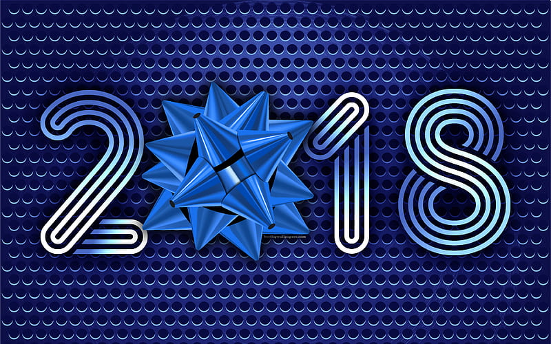 2018 New Year blue metallic background, blue silk bow, 2018 concepts, New Year, metallic mesh, HD wallpaper