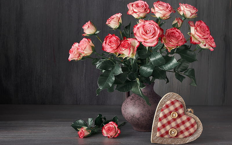 Roses and Heart, still life, pink, roses, heart, handmade, HD wallpaper