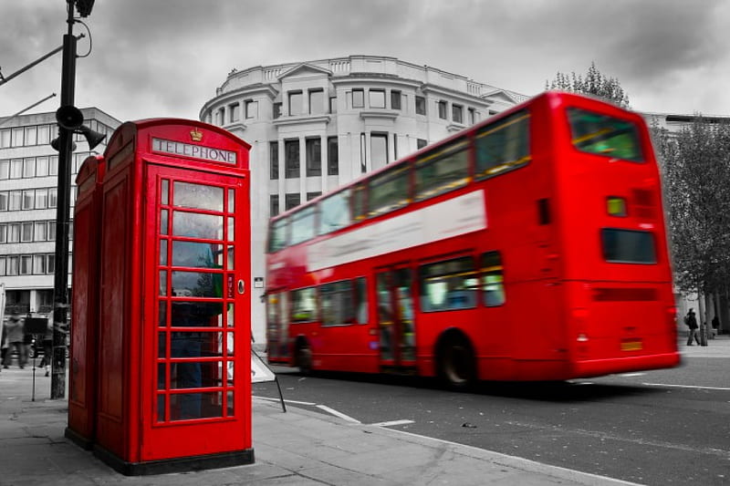 London, red, telephone, city, england, street, bus, HD wallpaper
