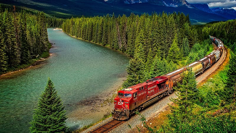 Bow River, Banff NP, Alberta, canada, rocks, train, trees, landscape, railways, HD wallpaper