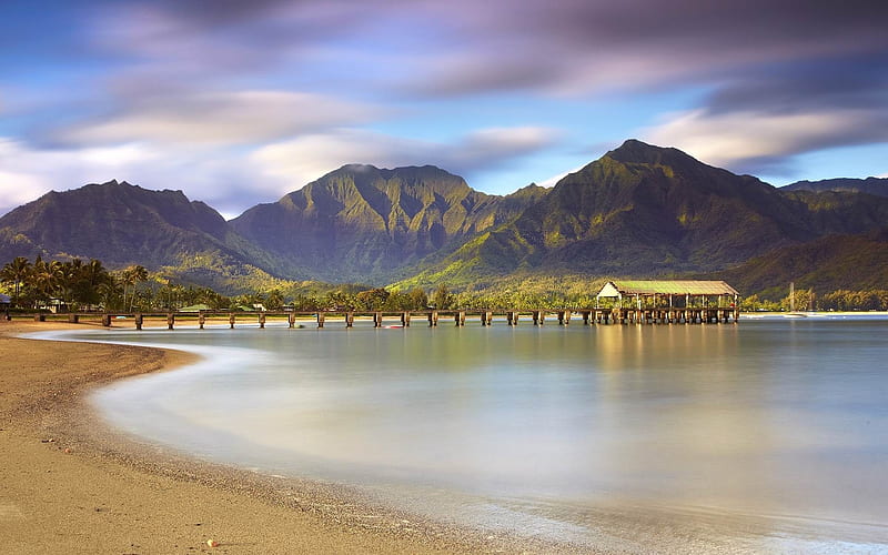 pier beach sand mountains water-Beautiful natural scenery, HD wallpaper