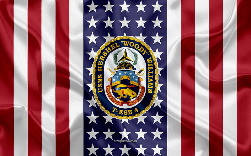 USNS Hershel Woody Williams Emblem, T-ESB-4, American Flag, US Navy, USA, USNS Hershel Woody Williams Badge, US warship, Emblem of the USNS Hershel Woody Williams, HD wallpaper