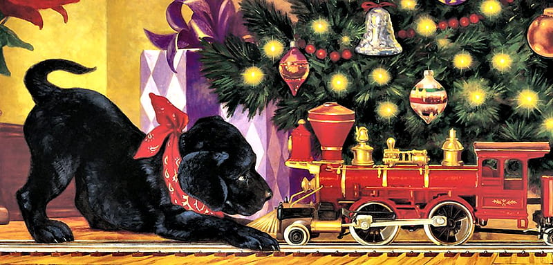 Puppy Train Standoff FC, Christmas, December, bonito, illustration, artwork, canine, painting, wide screen, scenery, dog, puppy, art, holiday, toy train, winter, tree, snow, occasion, HD wallpaper