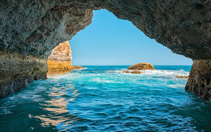Algarve, sea, coast, grotto, south, Portugal, waves, HD wallpaper
