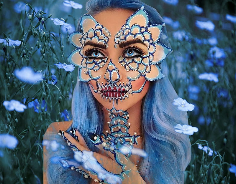 Blue, women are special, masking you to join, funky hair face art, V Anessa Davis, bootiful paint masks, spooky gals, female trendsetters, album, grandma gingerbread, HD wallpaper